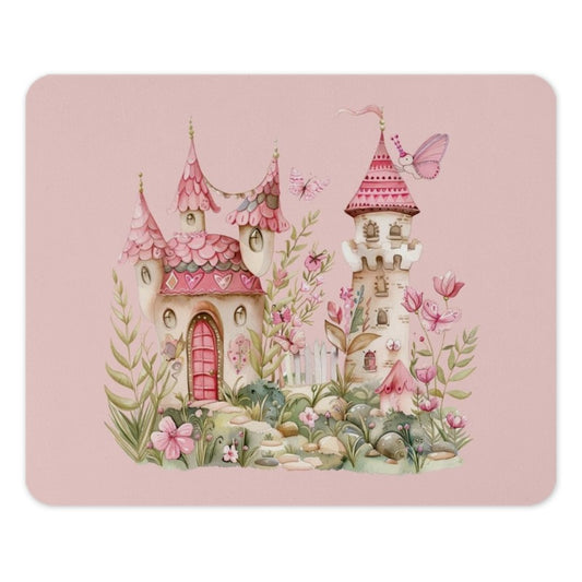 Pink Castle Mouse Pad, Watercolor Fairy Tale Desk Decor, Cute Butterfly Computer Accessory, Pastel Aesthetic, Whimsical Gift, Gaming Pad - Tawshia