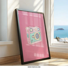 Cute Camera Framed Wall Art, Kawaii Pink Room Decor, Retro Camera Print, Pastel Aesthetic, Trendy Wall Hanging, Black Frame Options - Tawshia