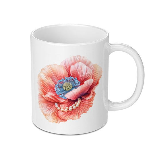 Floral Mug, Poppy Flower Mug, Elegant Mug, Botanical Mug, Pearl Accent Mug, Gift for Her, Flower Lover, Coffee Mug, Tea Mug, Unique Mug - Tawshia