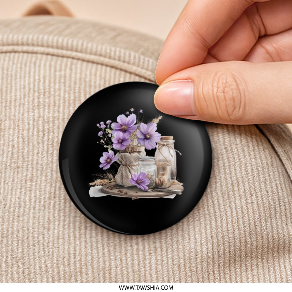 Purple Flower Pinback Button, Still Life Art Button, Coffee Beans Jars, Floral Button Badge, Unique Gift Idea, Gift for Her, Button Pin - Tawshia
