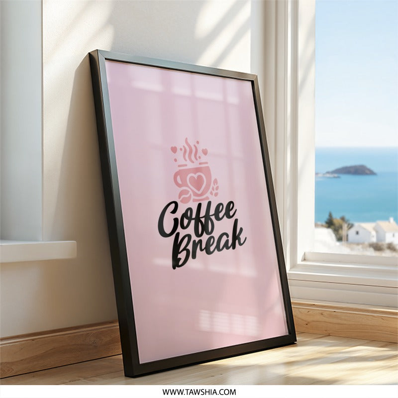 Coffee Break Wall Art, Pink Aesthetic, Coffee Lover Gift, Cute Dorm Decor, Minimalist Art Print, Kitchen Wall Decor, Home Decor - Tawshia