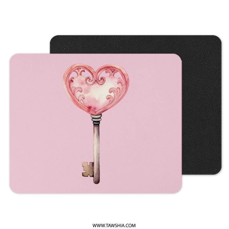 Heart Key Mouse Pad, Pink Watercolor Key, Cute Desk Accessory, Unique Computer Mat, Gift for Her, Valentines Day Gift - Tawshia