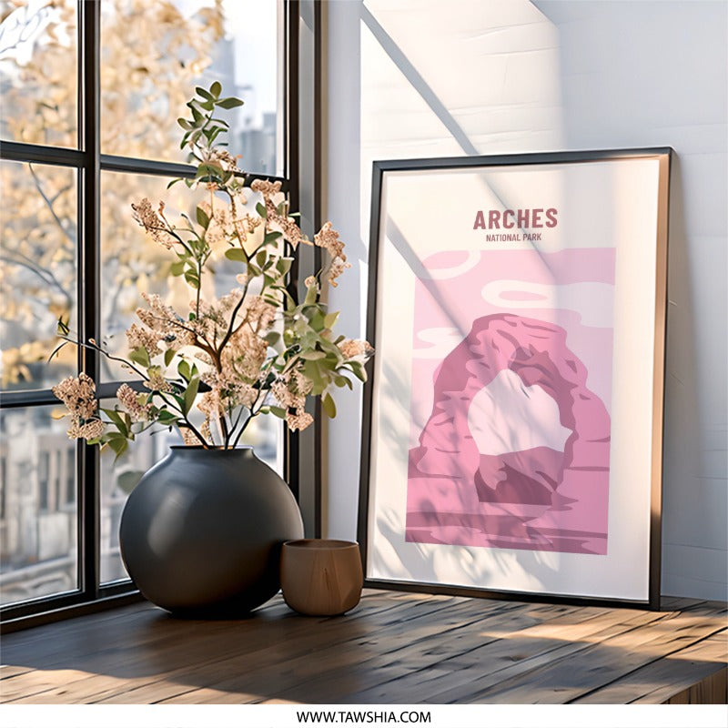 Arches National Park Wall Art, Utah Landscape Print, Minimalist Travel Poster, Pink Desert Decor, Southwestern Art, Adventure Home Decor - Tawshia