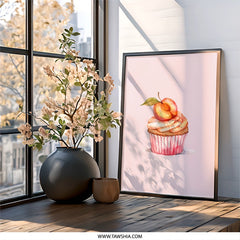 Peach Cupcake Wall Art, Watercolor Painting, Dessert Print, Kitchen Decor, Food Art, Sweet Treat, Bakery Illustration, Framed Art - Tawshia