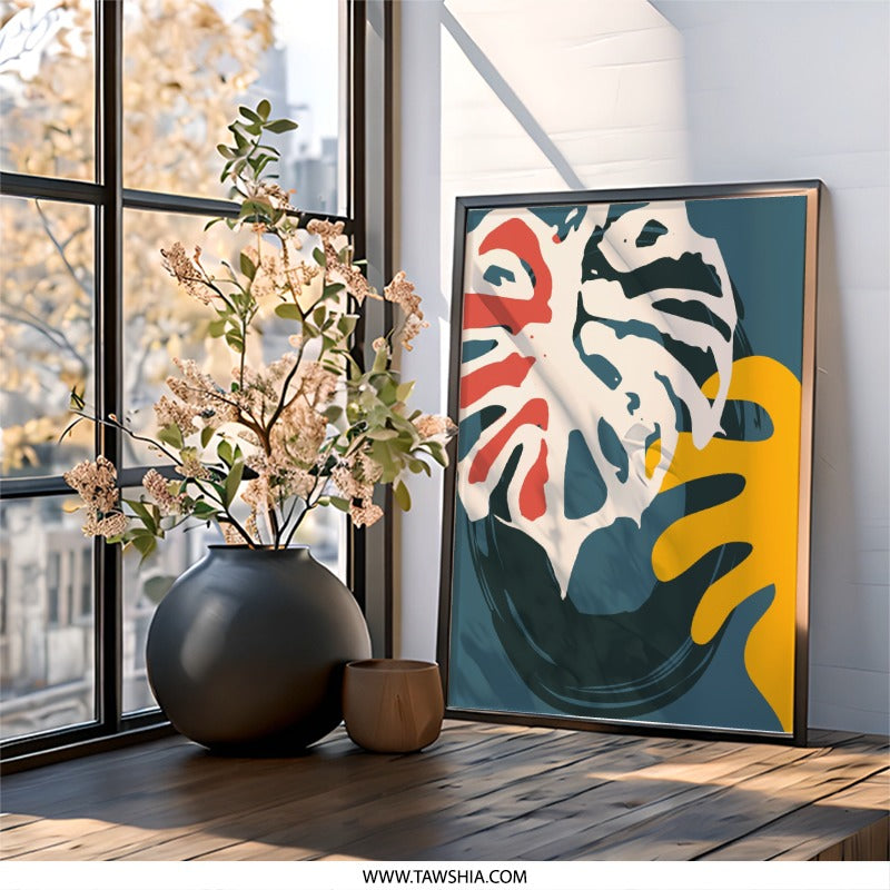Abstract Monstera Wall Art, Minimalist Plant Print, Modern Tropical Decor, Scandinavian Style Wall Decor, Botanical Leaf Wall Art, Home - Tawshia