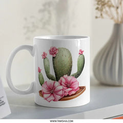 Cactus Mug, Floral Cactus, Desert Mug, Pink Flowers Mug, Succulent Mug, Nature Inspired Mug, Botanical Mug, Unique Mug - Tawshia