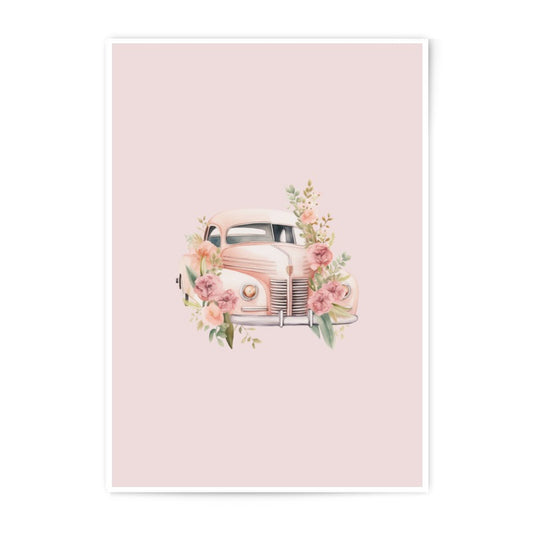 Pink Classic Car Photographic Prints, Floral Car Wall Art, Vintage Car Decor, Watercolor Car Print, Automotive Art, Girl Car Art - Tawshia