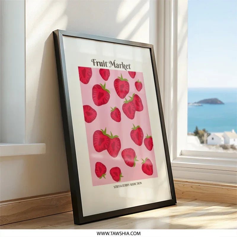 Strawberry Wall Art, Fruit Market Print, Strawberry Addiction, Kitchen Decor, Pink Wall Art, Berry Art, Foodie Gift, Modern Wall Decor - Tawshia