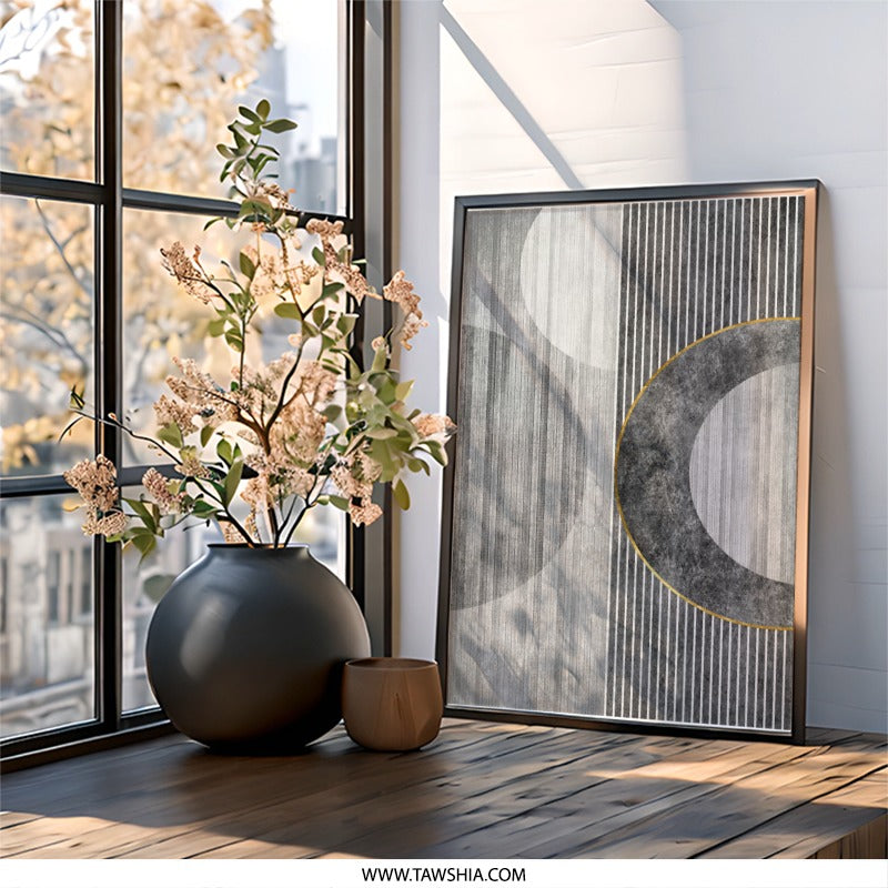 Modern Abstract Wall Art, Geometric Circle Print, Gray and Gold Art Decor, Minimalist Artwork, Stylish Home Decor, Framed Wall Art - Tawshia