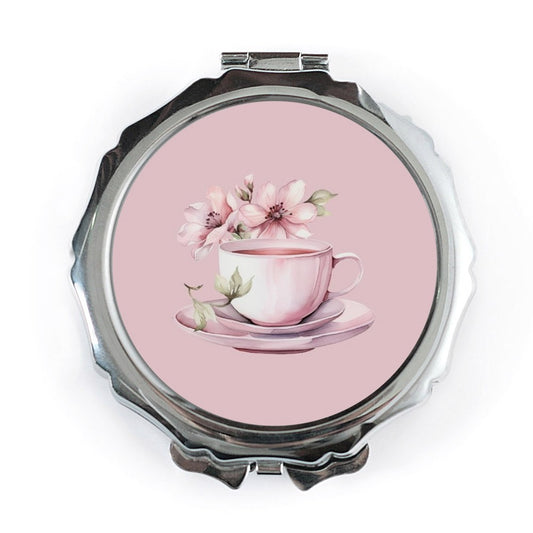 Tea Cup Pocket Mirror, Floral Mirror, Pink Pocket Mirror, Elegant Gift, Unique Compact Mirror, Cosmetic Mirror, Purse Mirror - Tawshia