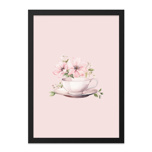 Tea Cup Floral Wall Art, Pink Flower Decor, Feminine Print, Botanical Kitchen Art, Elegant Home Decor, Delicate Watercolor Painting - Tawshia