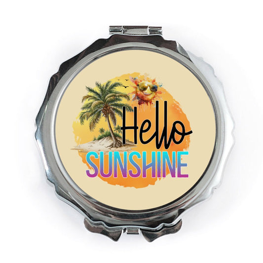 Hello Sunshine Pocket Mirror, Summer Vibes Makeup Mirror, Beach Palm Tree Mirror, Smiling Sun Face Gift, Travel Mirror, Cute Pocket Mirror - Tawshia