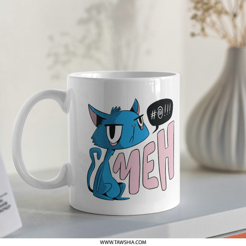 Meh Blue Cartoon Cat Coffee Mug product
