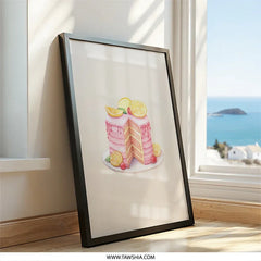 Pink Lemon Cake Wall Art, Foodie Art Print, Watercolor Dessert Art, Kitchen Decor, Slice of Cake, Sweet Treat Art Print, Framed Wall Art - Tawshia