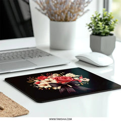Floral Mouse Pad, Red Roses, Striped Bow, Decorative Computer Accessory, Elegant Desk Decor, Trendy Gift Idea - Tawshia