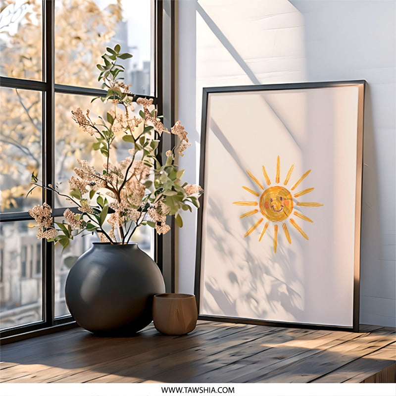 Sunshine Wall Art, Happy Sun Print, Kids Room Decor, Playroom Art, Nursery Wall Decor, Smiling Sun Art, Childlike Drawing, Sun Art - Tawshia