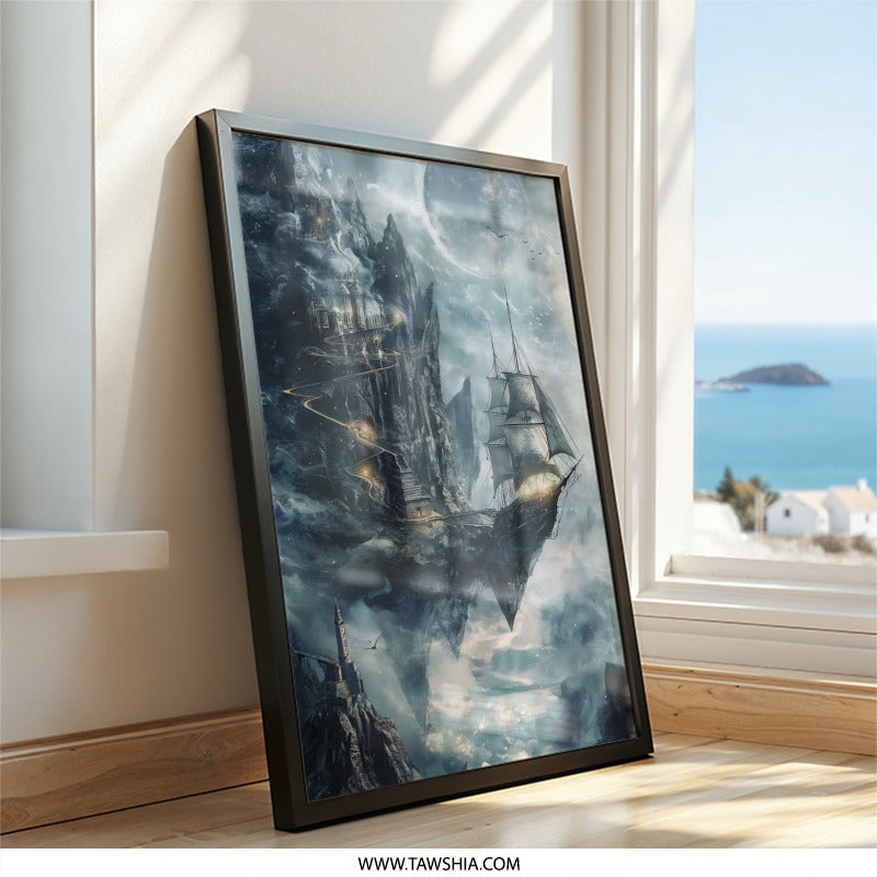 Fantasy Ship Wall Art, Floating Island Print, Castle in the Sky, Sailing Ship Poster, Epic Adventure Decor, Unique Home Decor, Gift Idea - Tawshia