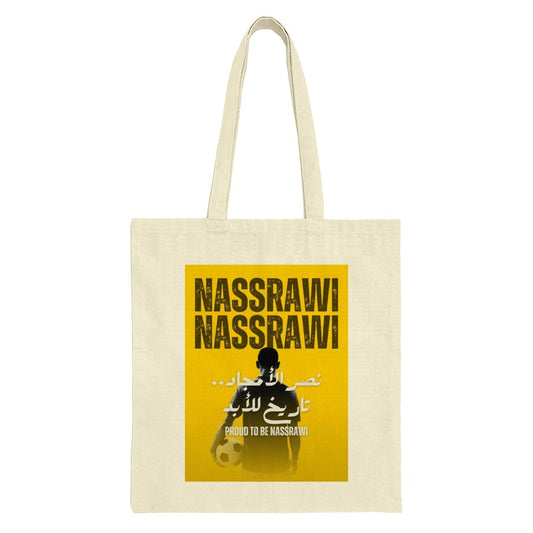 Nassrawi Tote Bag, Arabic Text Art, Football Fan Gift, Sports Lover Tote, Yellow Aesthetic Design, Soccer Bag, Nassr FC, Cool Tote Bag - Tawshia