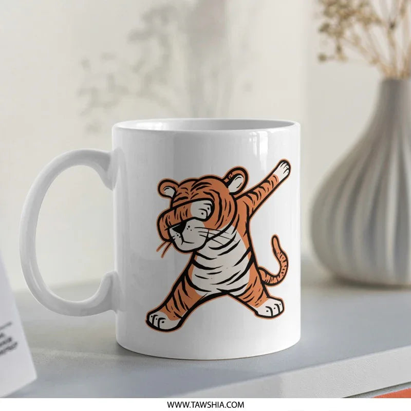 Playful Dabbing Tiger Design White Mug Product