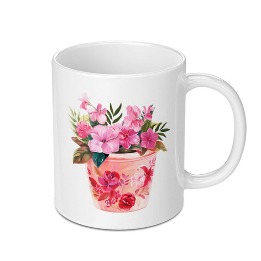Floral Garden Mug, Flower Pot Design, Botanical Mug, Pink Flowers, Gift for Gardeners, Cute Coffee Mug, Tea Mug, Novelty Mug, Art Mug - Tawshia