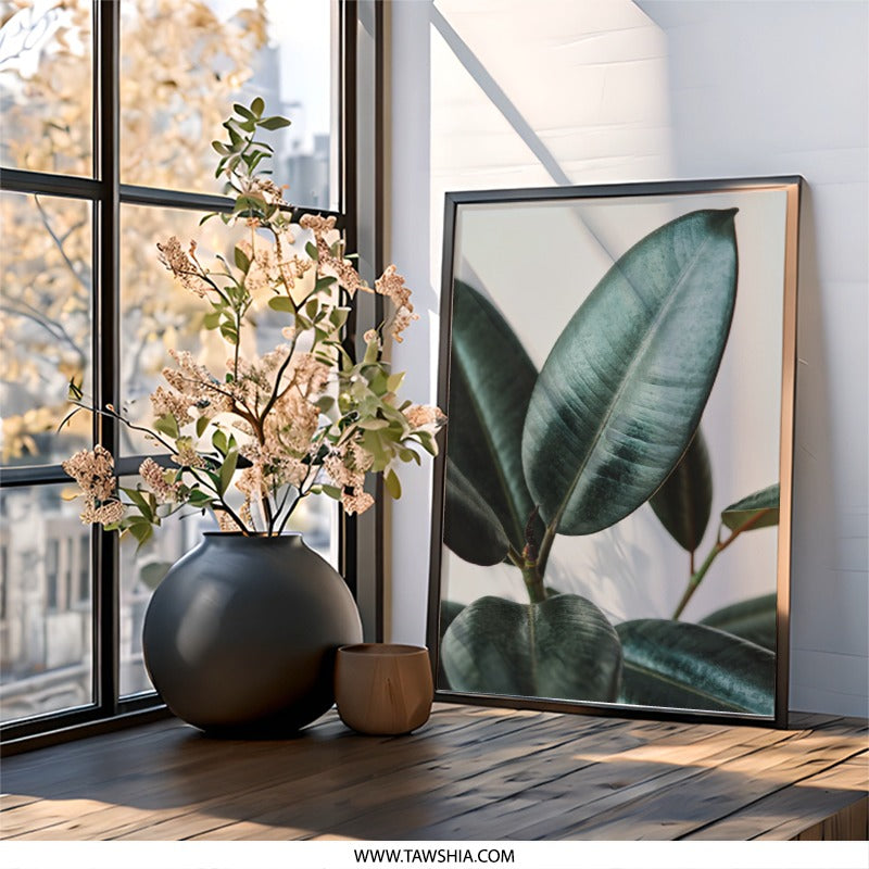 Rubber Plant Wall Art, Ficus Elastica Print, Botanical Home Decor, Modern Nature Wall Decor, Large Leaf Photography, Minimalist Art - Tawshia