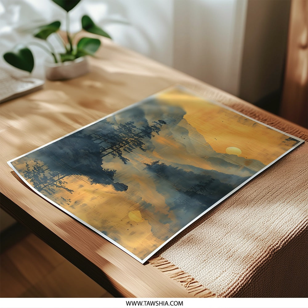 Misty Mountain Lake Photographic Print, Golden Sunset Reflection, Peaceful Nature Art, Wall Decor, Home Decor, Landscape Photography - Tawshia