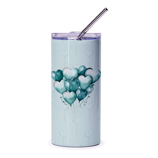 Heart Balloons Tumbler, Blue Teal Valentine's Day Gift, Love Tumbler, Cute Tumbler, Stainless Steel Insulated Tumbler, Custom Design Tumbler - Tawshia