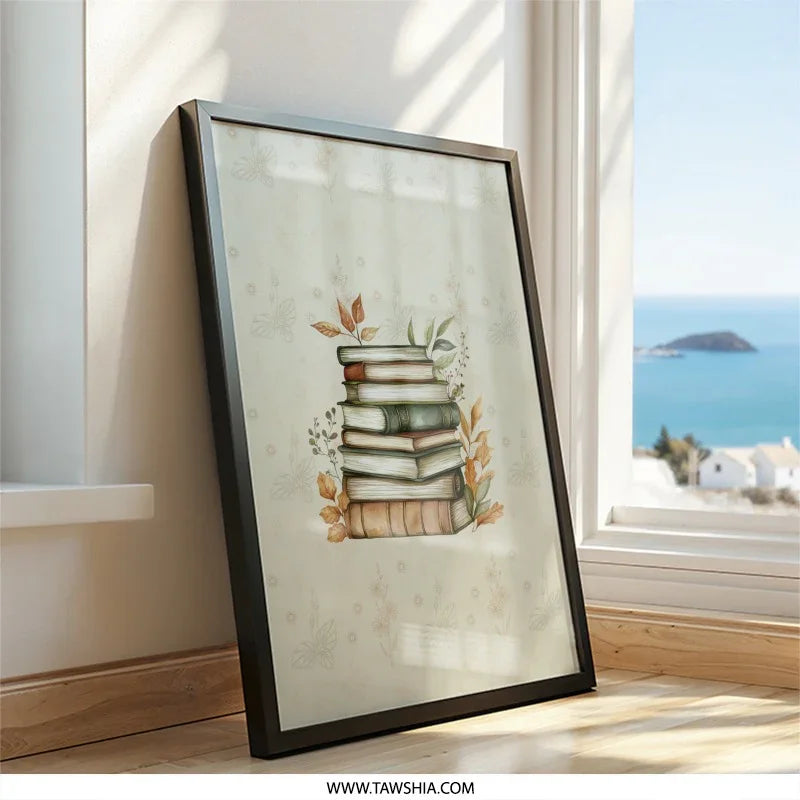 Book Lover Wall Art, Stacked Books Art, Floral Book Print, Reading Room Decor, Library Art Print, Literary Gift, Bookish Wall Decor - Tawshia