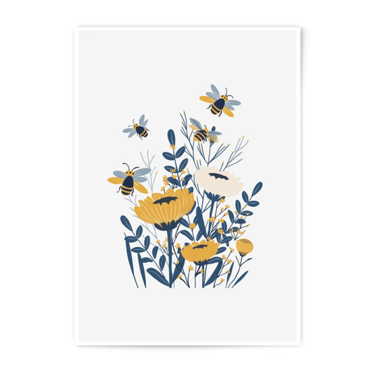 Floral Photographic Print, Bee Art, Flower Wall Decor, Yellow and Blue Botanical Print, Insect Illustration, Nature Artwork - Tawshia