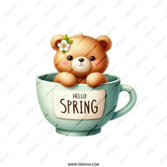 Spring Bear Pillow, Cute Teddy in Cup, Hello Spring Throw Pillow, Seasonal Decor, Whimsical Home Accent - Tawshia