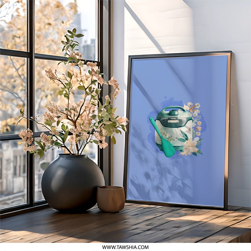 Instant Pot Wall Art, Kitchen Decor Print, Modern Home Art, Floral Appliance Design, Cooking Wall Decor, Chef Gift Idea, Blue and Teal Art - Tawshia