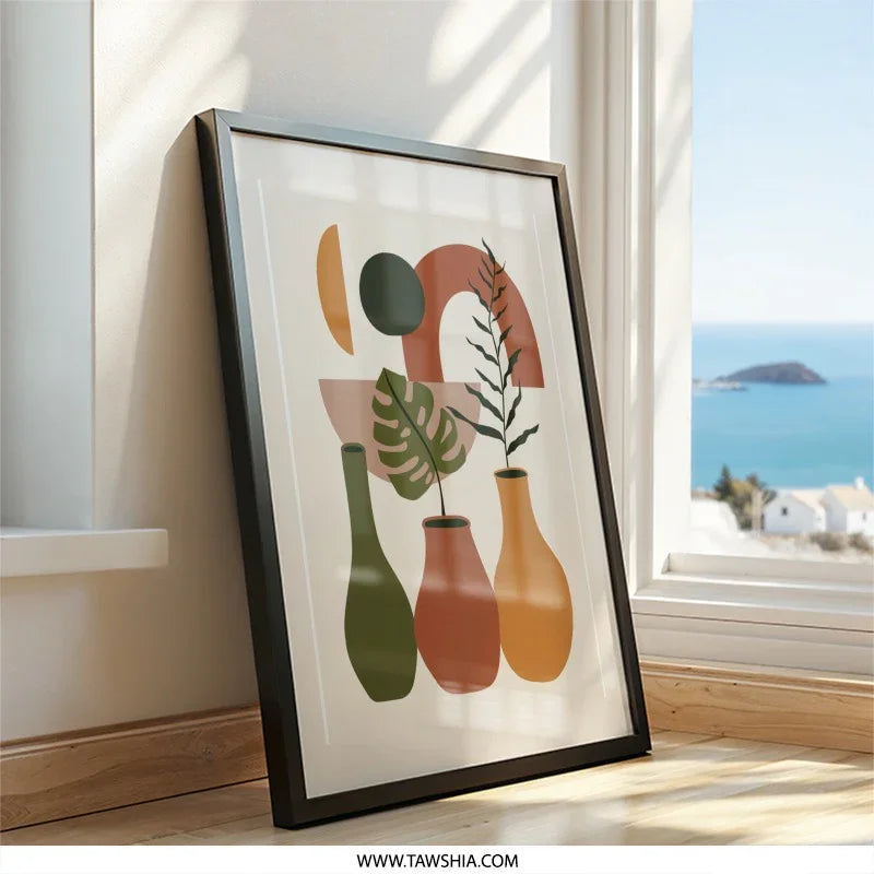 Abstract Plant Wall Art, Geometric Art Print, Modern Home Decor, Neutral Tone Art, Minimalist Design, Botanical Print, Living Room Wall Art - Tawshia