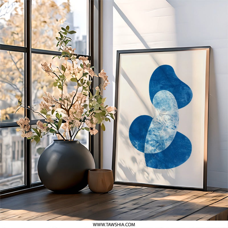 Abstract Blue Shapes Wall Art, Modern Art Print, Indigo Art, Minimalist Decor, Trendy Home Decor - Tawshia