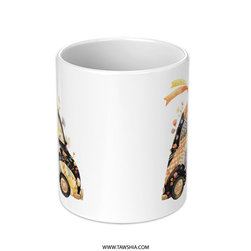 Whimsical Patchwork Car Mug, Cute Vehicle Lover Gift, Unique Novelty Coffee Mug, Floral Automotive Design - Tawshia