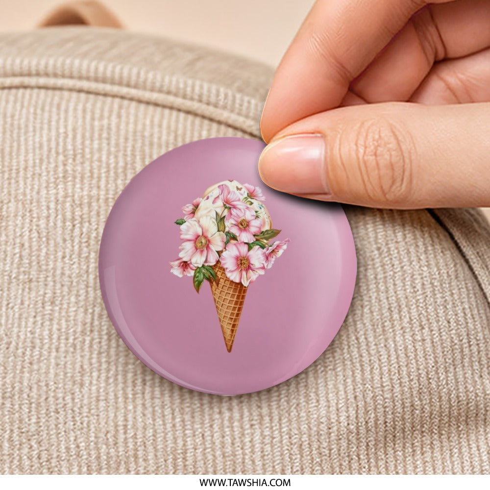 Floral Ice Cream Cone Pinback Button, Cute Summer Accessory, Trendy Badge, Flower Power Pin, Sweet Treat Button, Pastel Aesthetic - Tawshia