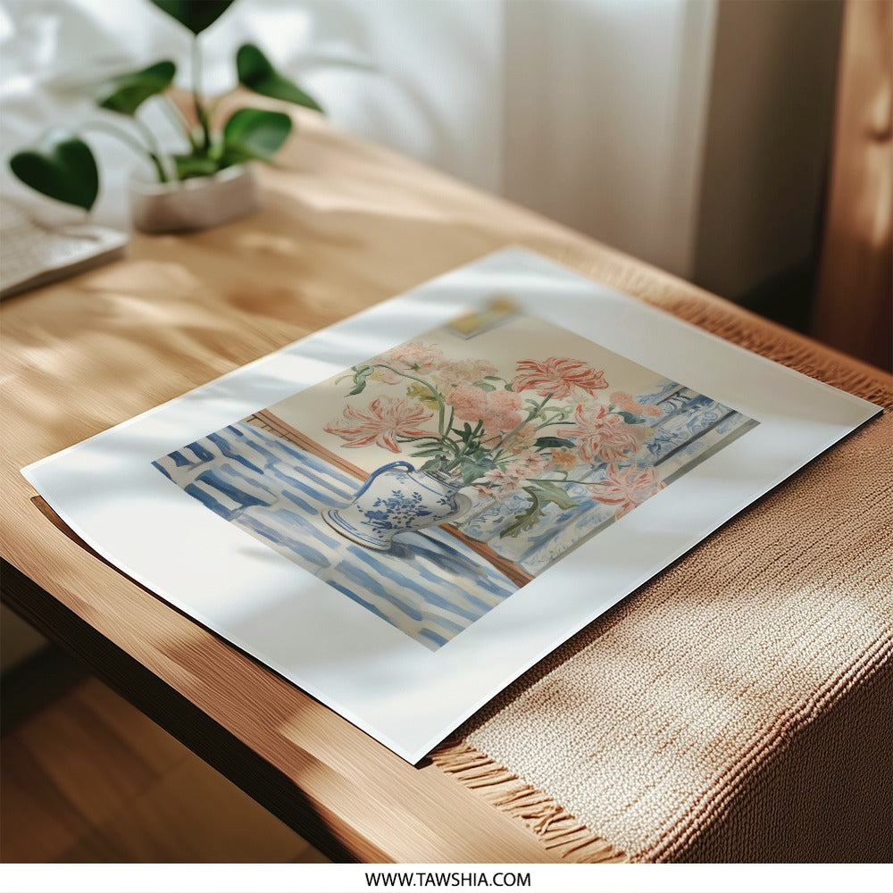 Floral Still Life Photographic Print, Pink Flowers Art, Blue and White Vase, Cozy Home Decor, Living Room Art, Wall Decor - Tawshia