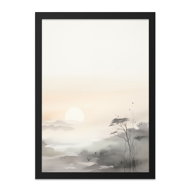 Sumi-e Landscape Wall Art, Japanese Art Print, Sunset Painting, Oriental Decor, Peaceful Scenery, Minimalist Art, Ink Wash Painting - Tawshia