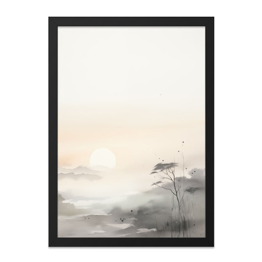 Sumi-e Landscape Wall Art, Japanese Art Print, Sunset Painting, Oriental Decor, Peaceful Scenery, Minimalist Art, Ink Wash Painting - Tawshia