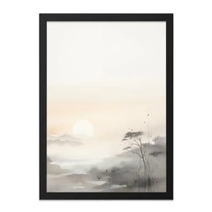 Sumi-e Landscape Wall Art, Japanese Art Print, Sunset Painting, Oriental Decor, Peaceful Scenery, Minimalist Art, Ink Wash Painting - Tawshia