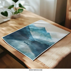 Mountain Lake Photographic Print, Serene Landscape Art, Nature Wall Decor, Moody Boat Scene, Peaceful Home Art, Minimalist Design - Tawshia