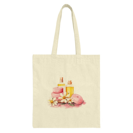 Spa Day Tote Bag, Relaxation Gift, Cosmetic Bottle, Soap Bar, Floral Design, Self Care Gift, Everyday Bag, Shopping Bag, Gift for Her - Tawshia