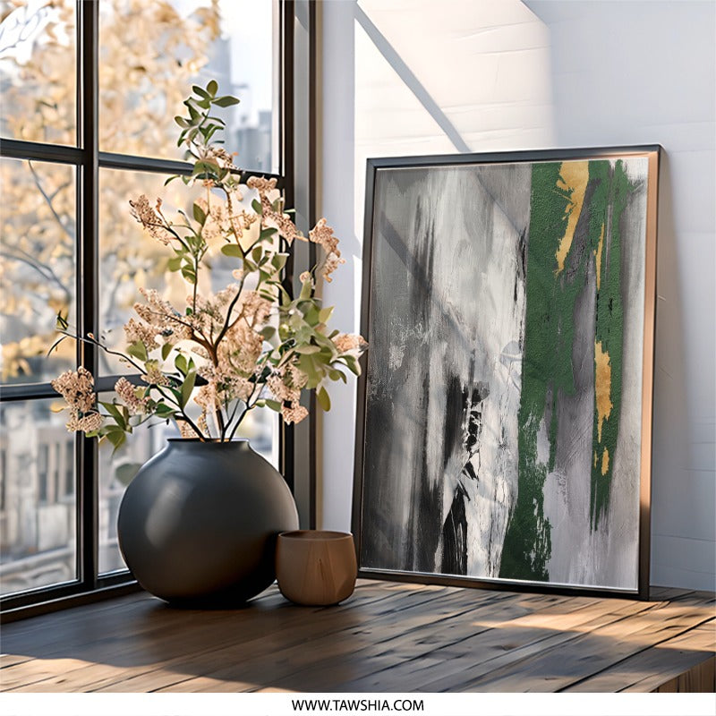 Abstract Wall Art, Green Gold Accent, Modern Wall Decor, Neutral Tones Painting, Contemporary Art Print, Elegant Home Decor - Tawshia