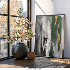 Abstract Wall Art, Green Gold Accent, Modern Wall Decor, Neutral Tones Painting, Contemporary Art Print, Elegant Home Decor - Tawshia