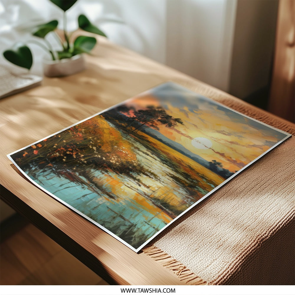 Sunset Landscape Photographic Print, Golden Field Artwork, Scenic River Wall Decor, Peaceful Nature Picture, Vibrant Sky Art - Tawshia