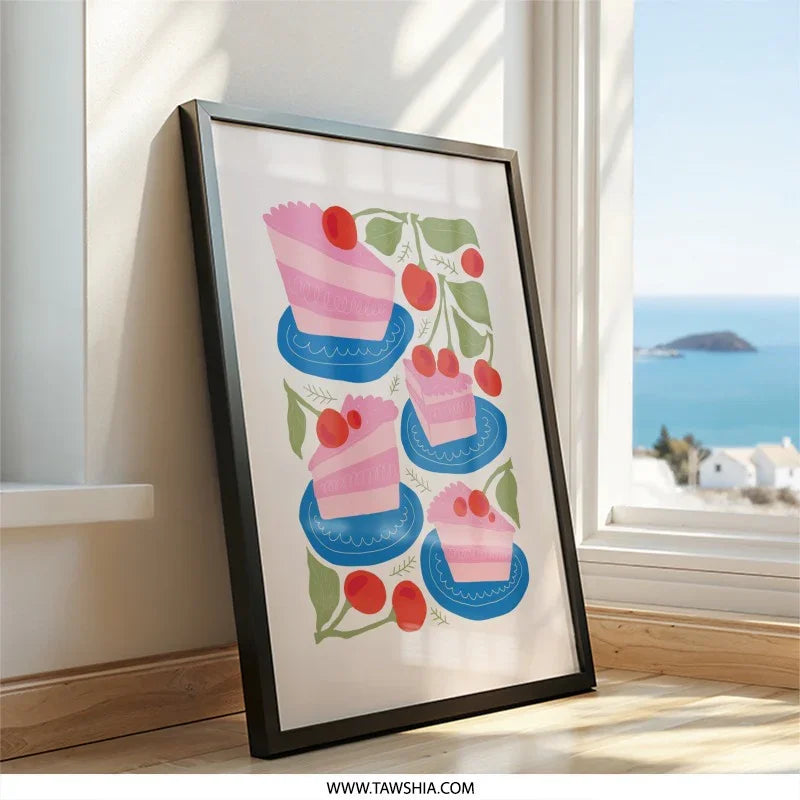 Cherry Cake Wall Art, Sweet Treat Print, Foodie Decor, Colorful Kitchen Art, Dessert Illustration, Modern Wall Art, Gift Idea - Tawshia