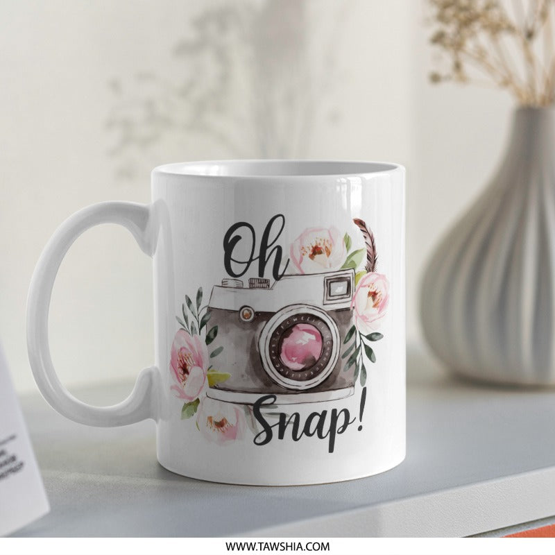 Oh Snap Camera Mug, Floral Photo Gift, Photographer Present, Cute Coffee Mug, Photography Lover Gift, Unique Camera Design Mug - Tawshia