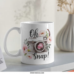 Oh Snap Camera Mug, Floral Photo Gift, Photographer Present, Cute Coffee Mug, Photography Lover Gift, Unique Camera Design Mug - Tawshia