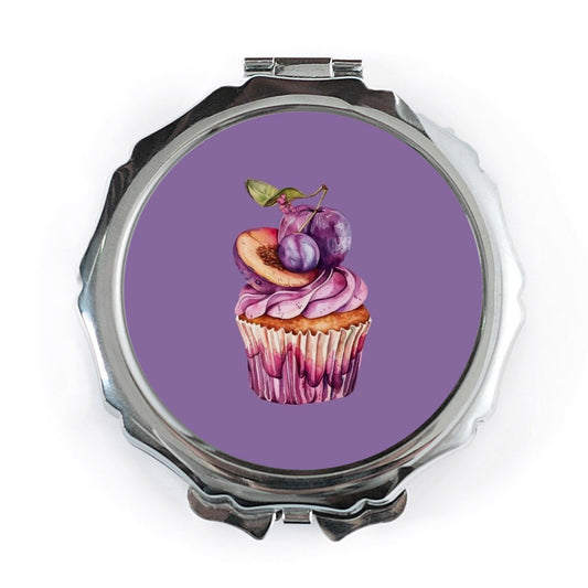 Purple Cupcake Pocket Mirror, Fruit Topped Pastry, Plum and Peach Design, Cute Dessert Illustration, Compact Mirror, Gift for Bakers - Tawshia