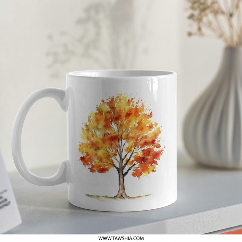 Autumn Tree Watercolor Mug, Fall Leaves Coffee Cup, Seasonal Drinkware, Artistic Mug, Gift Idea, Unique Design, Fall Decor SKU: MG10004203 - Tawshia