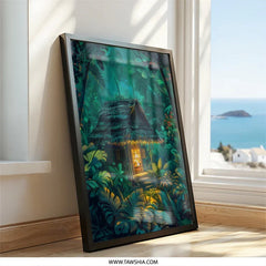 Tropical Hut Wall Art, Jungle Print, Cabin in Woods, Lush Foliage Painting, Exotic Home Decor, Nature Lover Gift - Tawshia